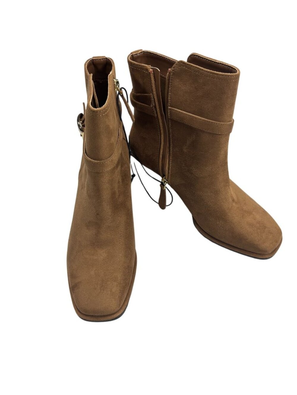 LC Gillis Womens Tan Suede Ankle Boots With Block Heel & Buckle Strap - Size 8.5